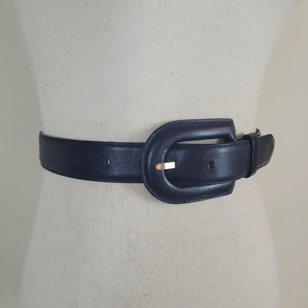 VTG Liz Claiborne Belt Small Navy Blue Leather Sculptural Buckle Dress 80s 90s